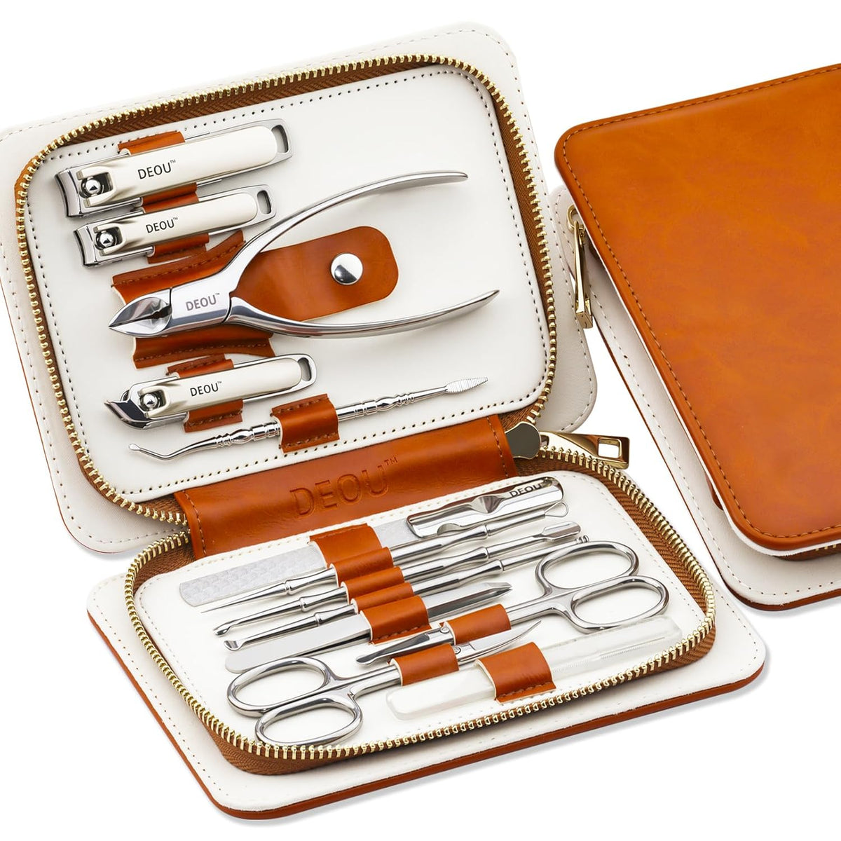 DEOU Ensemble de manucure pour usage professionnel 13 pièces destiné à femmes, en acier inoxydable, doté de trousse de voyage portable de luxe (cadeau).