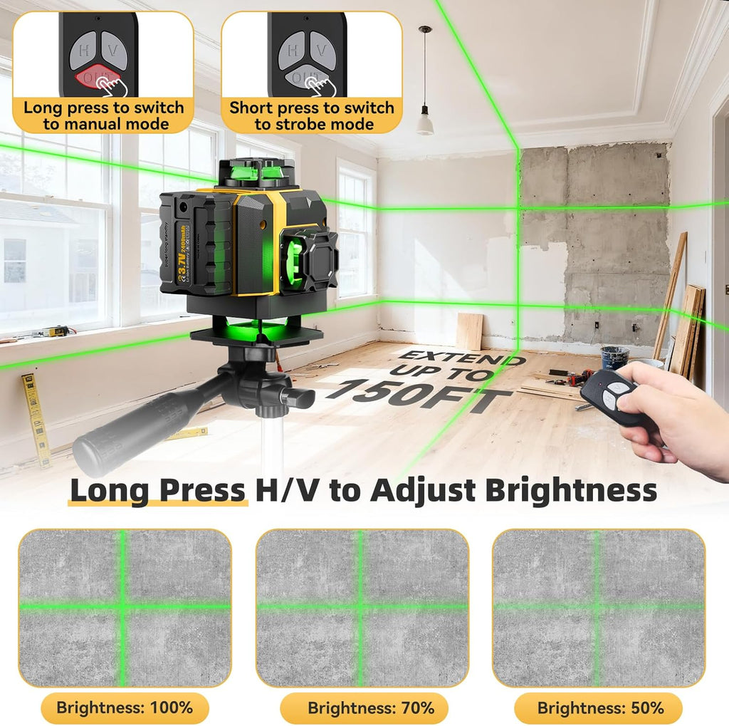 Niveau laser 16 lignes doté de trépied - Laser à lignes croisées 360° doté de trépied, niveau laser vert 4D, outil d'auto-nivellement 4x360 destiné à accrocher des tableaux, rénovation de maison, projets d'intérieur, 2 piles incluses