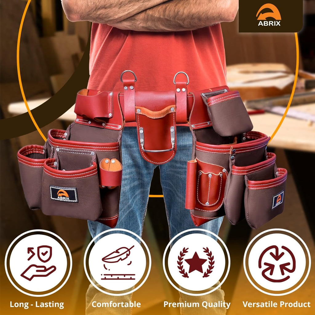 Ceinture porte-équipements ABRIX robuste en nylon et cuir destiné à hommes, ceinture porte-équipements de charpentier doté de bretelles rembourrées (Très grande, ceinture porte-équipements)