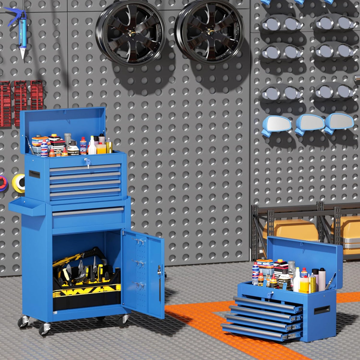 Coffre à outils bleu INTERGREAT, coffre à outils roulant à 5 tiroirs avec boîte à outils supérieure amovible, coffre à outils avec roues universelles verrouillables, servante à outils en métal pour garage, atelier, salon de coiffure