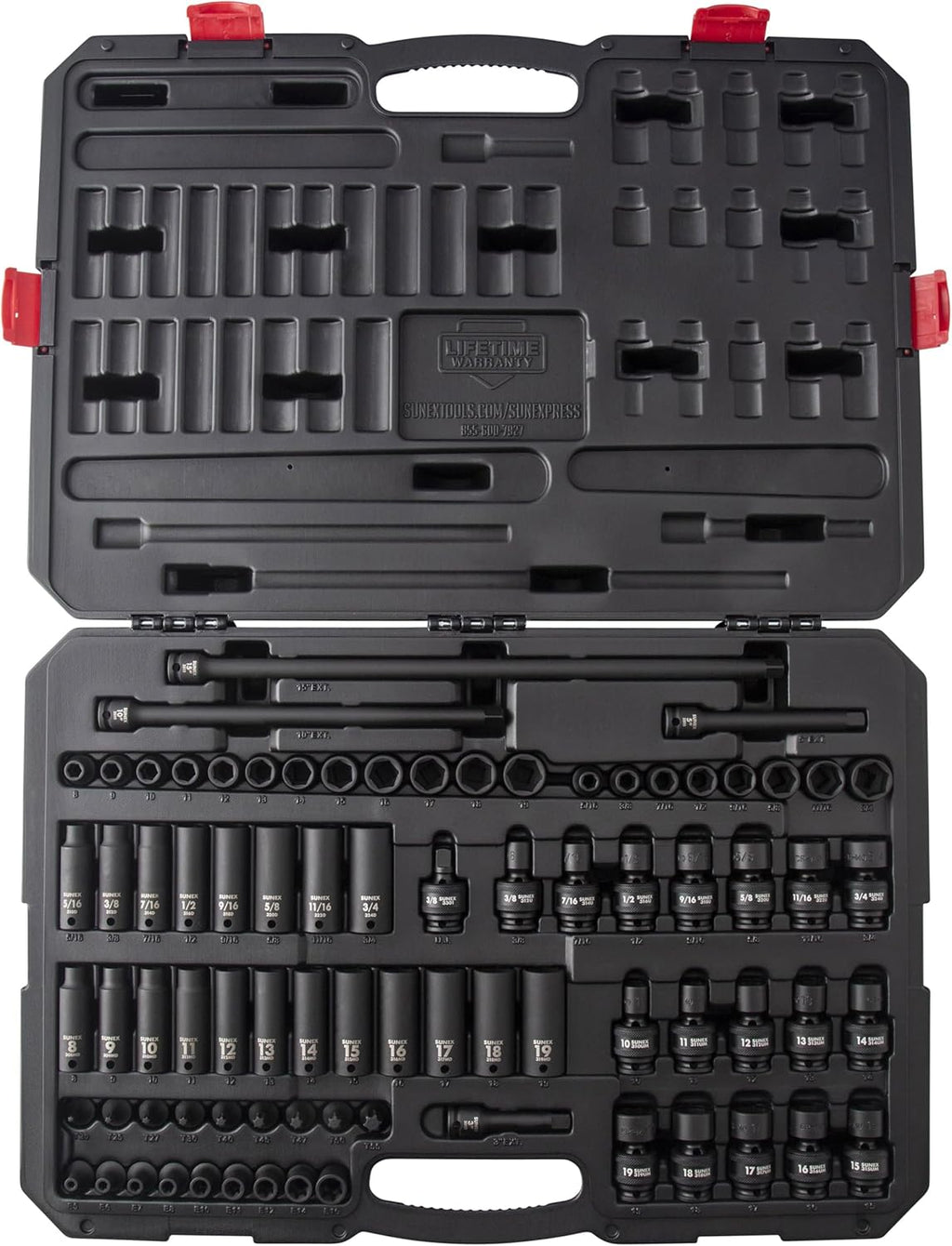Ensemble de 80 douilles à impact SUNEX Tools, entraînement 3/8 po, universelles, étoile, étoile externe, rallonges, cardan, SAE et métriques, de 8 mm à 19 mm et de 5/16 po à 3/4 po, acier CR-MO, modèle 3580