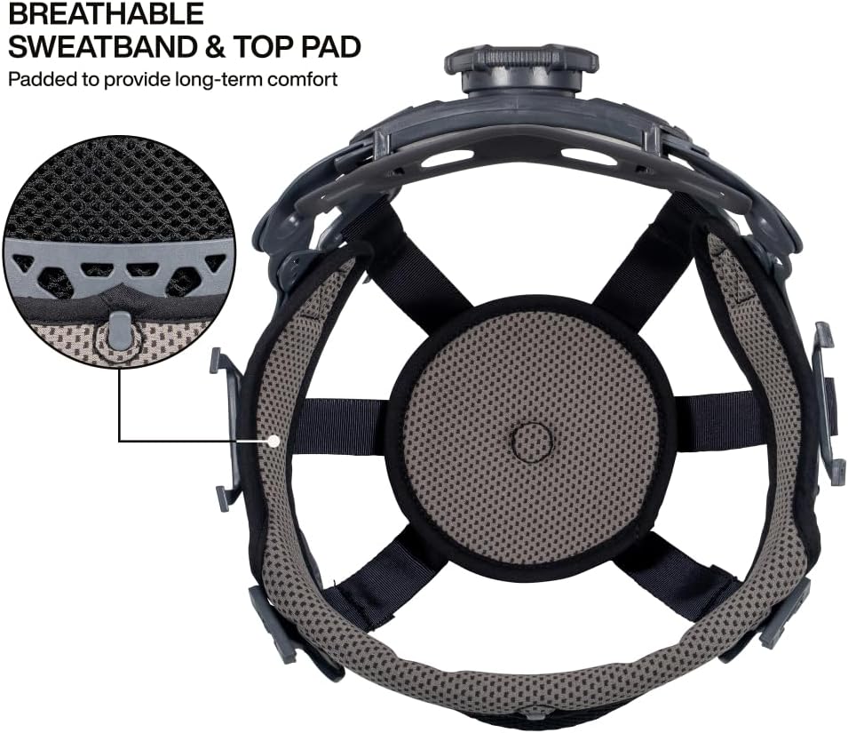 Casque de chantier Klein Tools 60407T2RL de type 2, à large bord ventilé, classe C, doté de jugulaire, suspension à 6 points doté de fixations destiné à accessoires, rembourrage lavable et lampe frontale rechargeable.