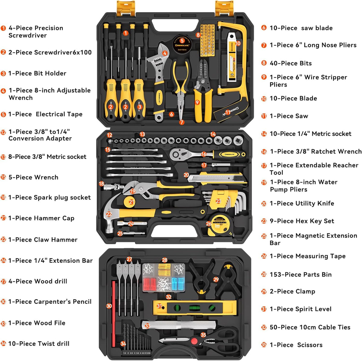 Coffret d'outils pratiques de 339 pièces, trousse à outils pour la maison et la voiture, coffret d'outils à main polyvalent pour hommes, ensemble d'outils de base pour la réparation de la maison et de l'automobile, idéal pour les bricoleurs et les pr