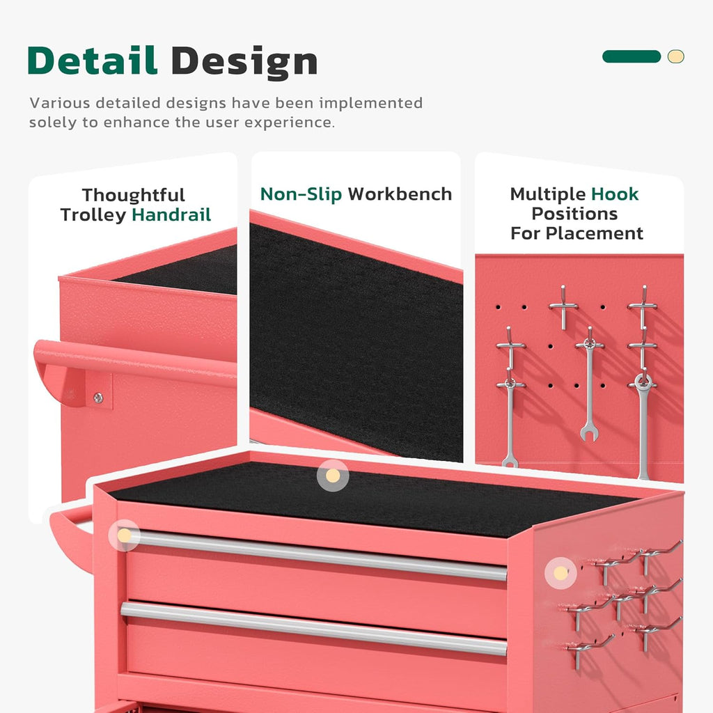 Coffre à outils Greenvelly, coffre à outils roulant à 8 tiroirs avec roulettes, compartiment supérieur amovible, livré assemblé avec doublure et crochets, idéal pour garage, atelier ou entrepôt, rose. – Pratique