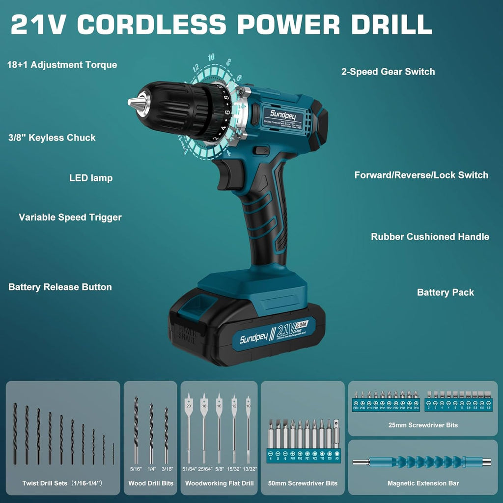 Ensemble d'équipements doté de perceuse sans fil 21 V - Sundpey 255 pièces, ensemble d'équipements de base portables destiné à la maison et l'automobile doté de tiroir, idéal destiné à les bricoleurs et les propriétaires - Perceuse électrique...