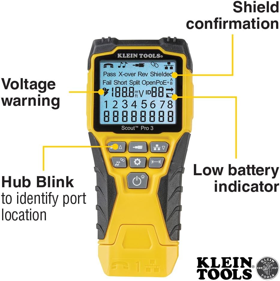 Ensemble de testeur de câbles Klein Tools VDV501-851 doté de Scout Pro 3 destiné à câbles Ethernet/données, coaxiaux/vidéo et téléphoniques, 5 télécommandes de localisation