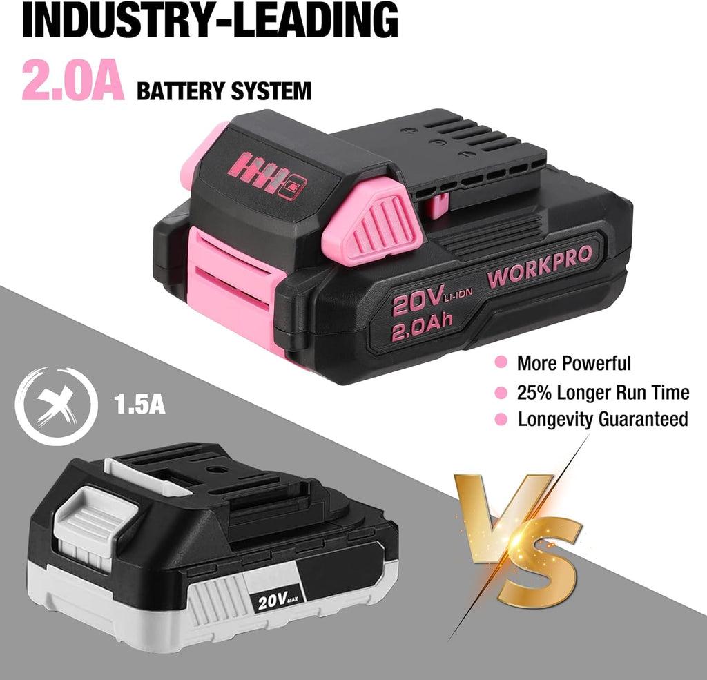 Perceuse-visseuse sans fil WORKPRO 20V rose et coffret d'outils pratiques pour la maison, kit de 141 pièces pour le bricolage et l'entretien de la maison, batterie Li-ion 2,0 Ah, chargeur rapide 1 heure et coffret à outils inclus - Ruban rose