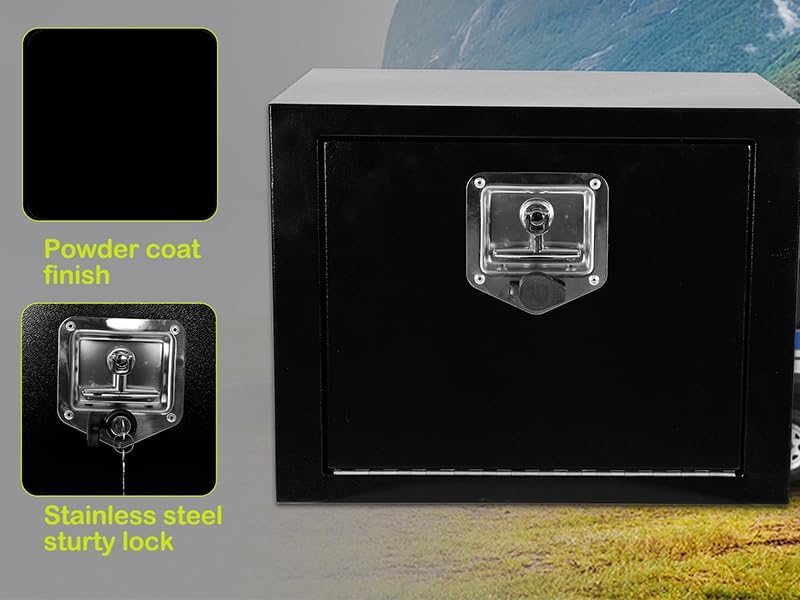 Coffre à outils pratiques en acier 18 x 12 x 14 pouces pour châssis de camionnette, avec verrouillage par poignée en T, coffre à outils robuste en acier 18 pouces pour châssis de camionnette et camping-car, coffre à outils à montage sous châssis