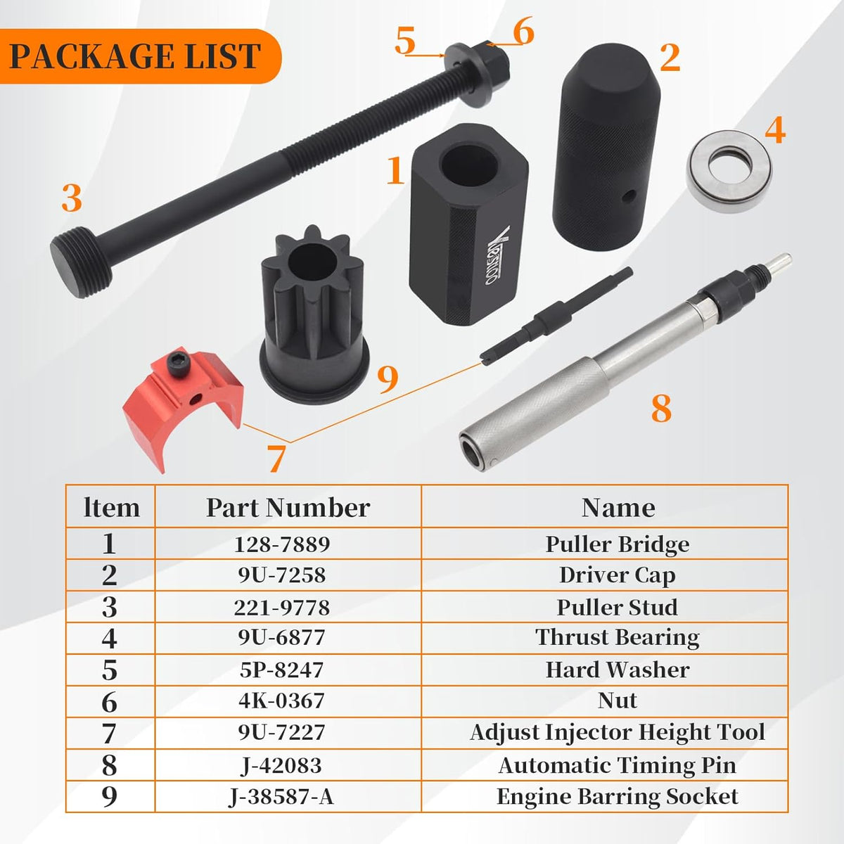 Kit d'installation et de dépose de manchon d'injecteur 9U-6891 + Goupille de calage automatique J-42083 + Dispositif de réglage de la hauteur d'injecteur 9U-7227 + Douille de palier moteur J-38587-A compatible doté de les moteurs CAT Caterpillar...