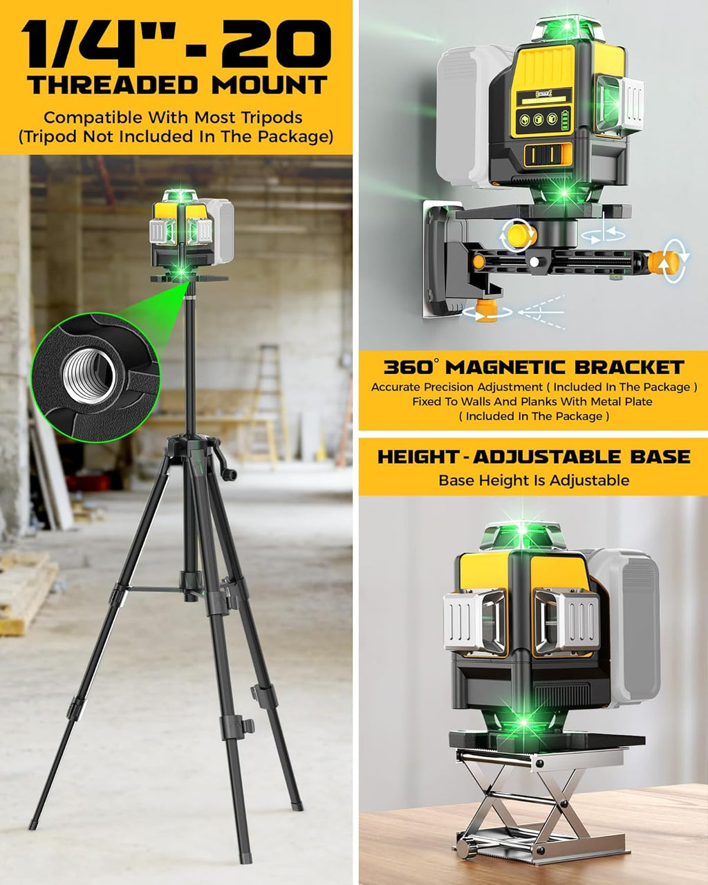 Niveau laser DIYtoolifz compatible doté de batterie DeWalt 20 V, autonivelant 4D 4x360°, outil de niveau laser vert 4 voies à 16 lignes destiné à projets de construction, carrelage, rénovation, utilisation intérieure, sans pile