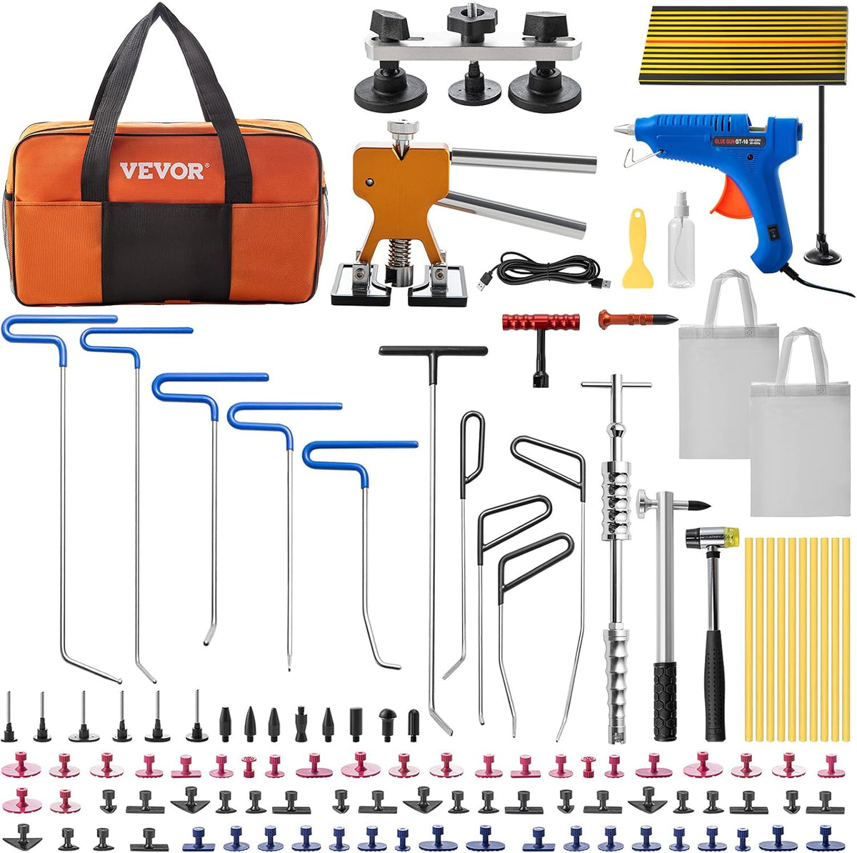 Ensemble de débosselage VEVOR, kit de réparation de bosses sans peinture de 89 pièces doté de équipements de démontage, lève-bosses doré et languettes adhésives destiné à la réparation des bosses et des petits impacts sur les portières de voiture.