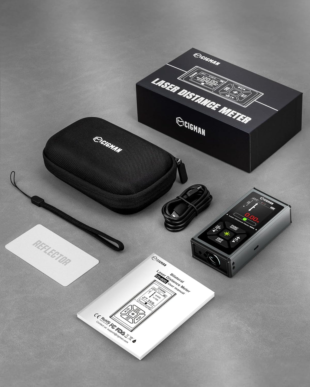 Dispositif de mesure laser CIGMAN 393 pi/120 m, télémètre laser vert bilatéral rechargeable doté de niveau à bulle, mesure laser doté de unités multiples pi/po/m, écran IPS rétroéclairé, calculs pythagoriciens/surface/volume
