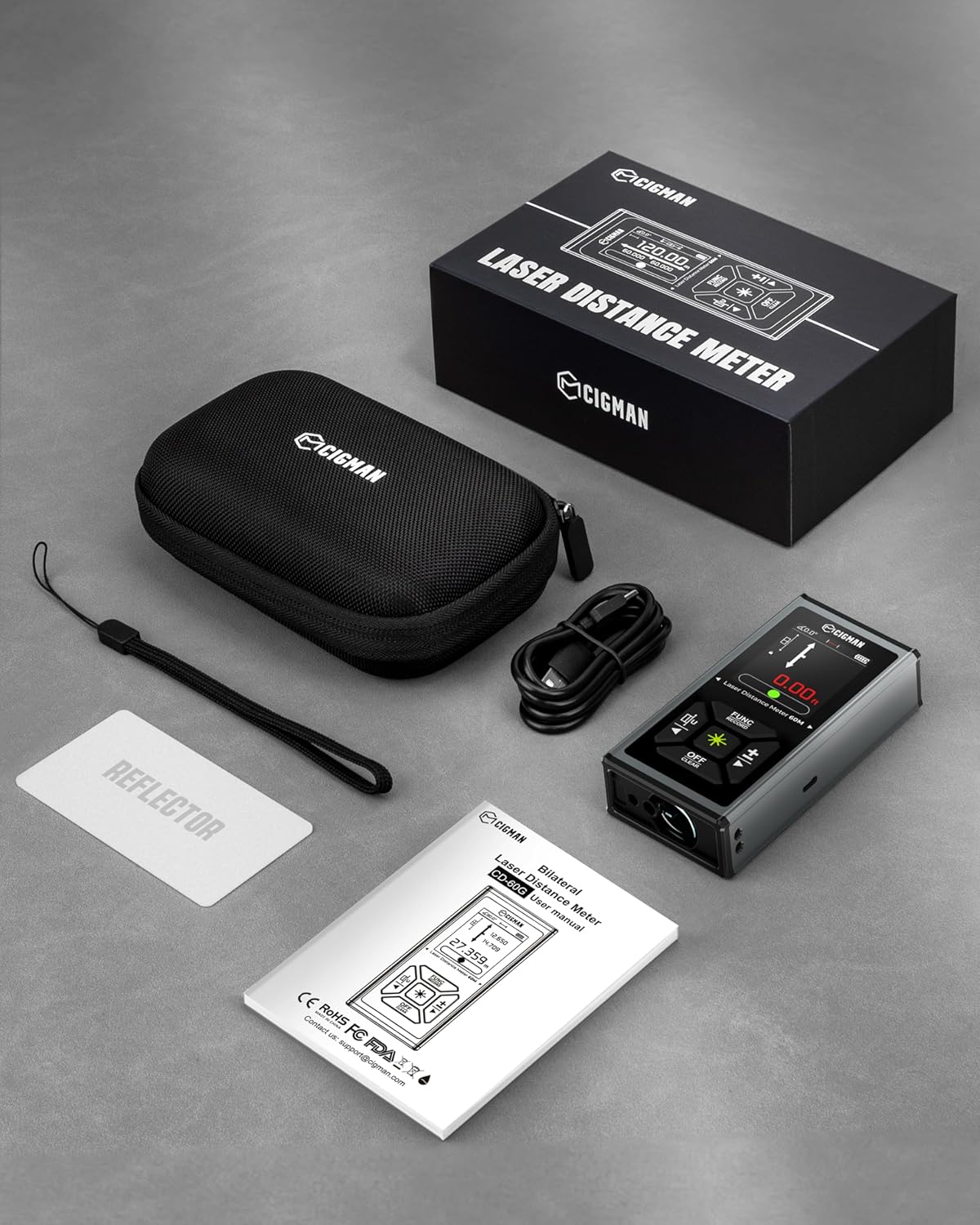 Dispositif de mesure laser CIGMAN 393 pi/120 m, télémètre laser vert bilatéral rechargeable doté de niveau à bulle, mesure laser doté de unités multiples pi/po/m, écran IPS rétroéclairé, calculs pythagoriciens/surface/volume