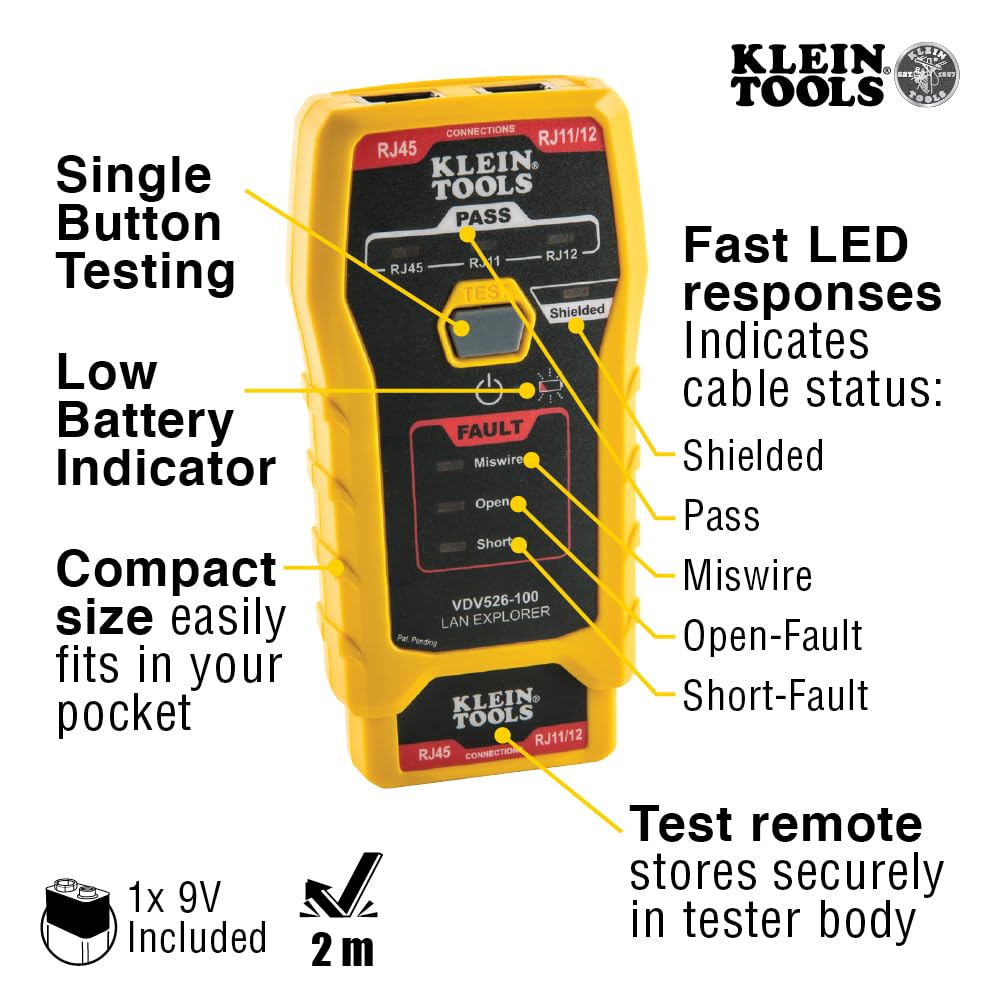 Ensemble de testeur de câbles et fils LAN Klein Tools 80085 VDV destiné à connecteurs modulaires RJ45 Klein Pass-Thu, 6 pièces