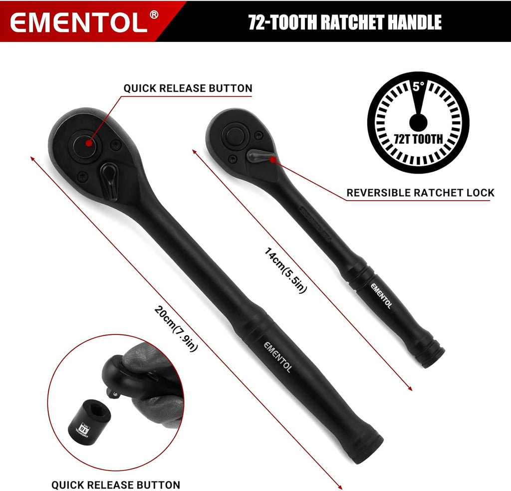 Ensemble de douilles à impact EMENTOL 189 pièces, entraînements métriques et SAE 1/4 et 3/8, acier CR-V, comprenant douilles profondes et courtes, cliquets, embouts, rallonges, douille destiné à bougies et plus encore