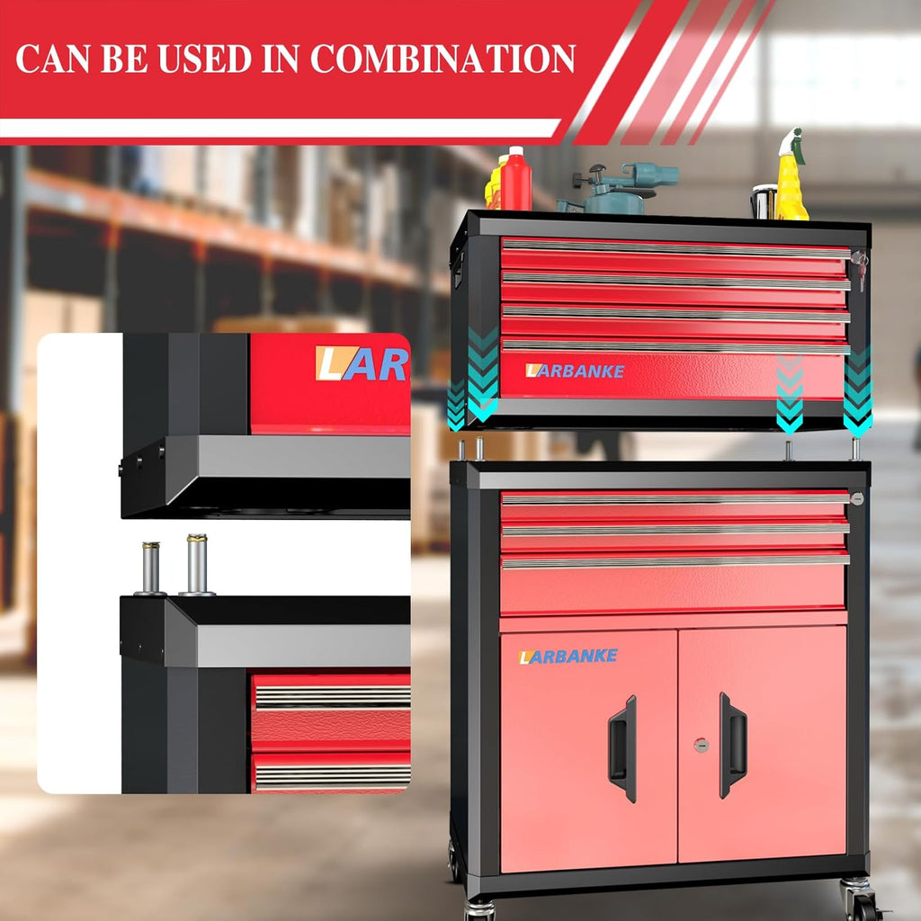 Coffre à outils LARBANKE à 4 tiroirs, coffre à outils portable avec serrure et clés, plateau étanche et antirouille, coins anti-collision, barres de connexion spéciales pour l'empilage avec un coffre à outils à 5 ou 7 tiroirs. – Pratique