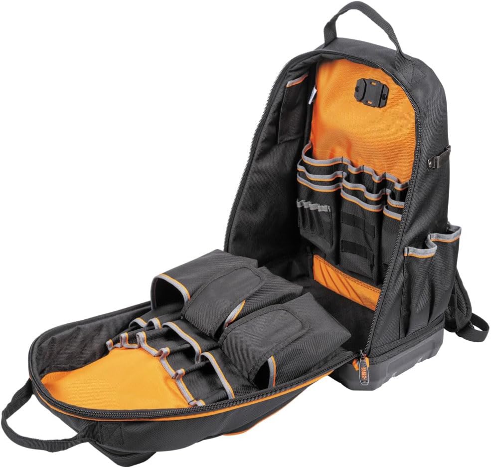 Sac à dos à équipements Klein Tools 62800BP, sac à dos de chantier Tradesman Pro extra-large à 40 poches destiné à électricien, doté de fond moulé et port de chargement