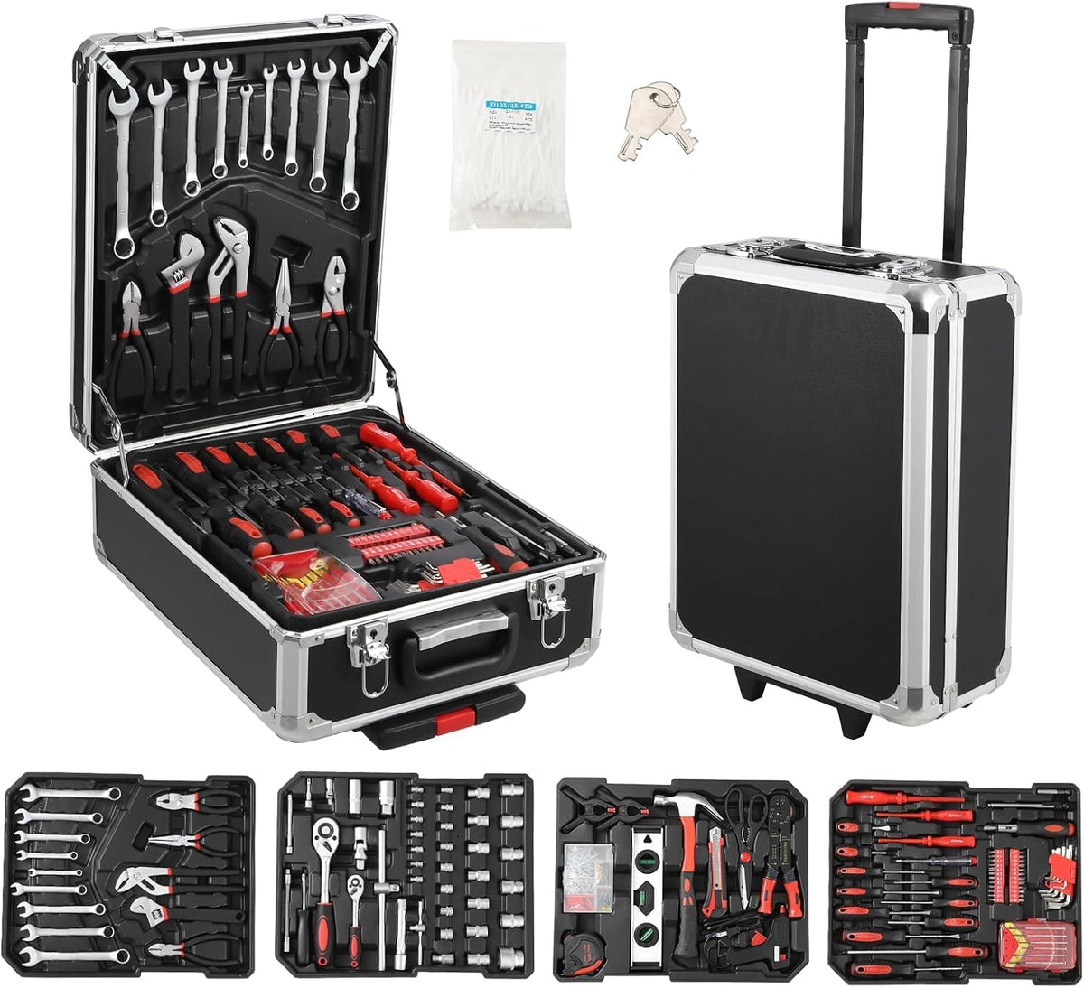 Coffret d'outils pratiques de 800 pièces pour la maison avec servante d'atelier à roulettes, kit de réparation professionnel pour mécanicien, ensemble d'outils à main pour la maison avec valise trolley en aluminium pour bricoleur et particuliers.