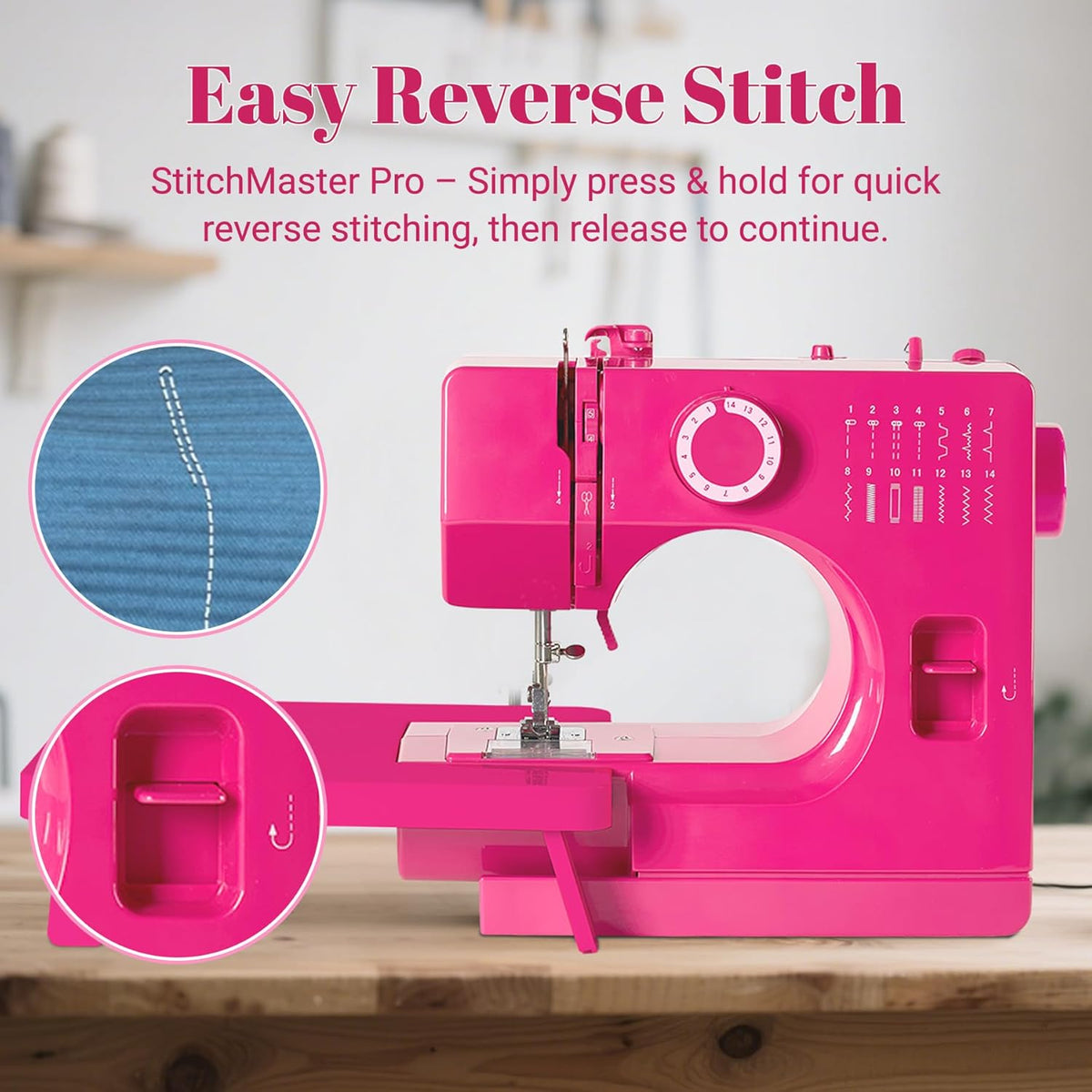 Machine à coudre StitchMaster Pro - Compatible doté de les aiguilles doubles, 14 points, facile à utiliser destiné à les débutants et les particuliers (rose)