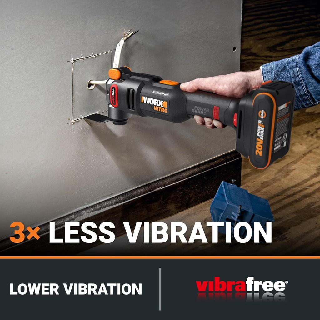 Dispositif multifonction oscillant sans fil Worx Nitro 20 V doté de angle d'oscillation de 5°, technologie VibraFree, design compact, outil seul, 23 accessoires et sac de transport, WX698L.9