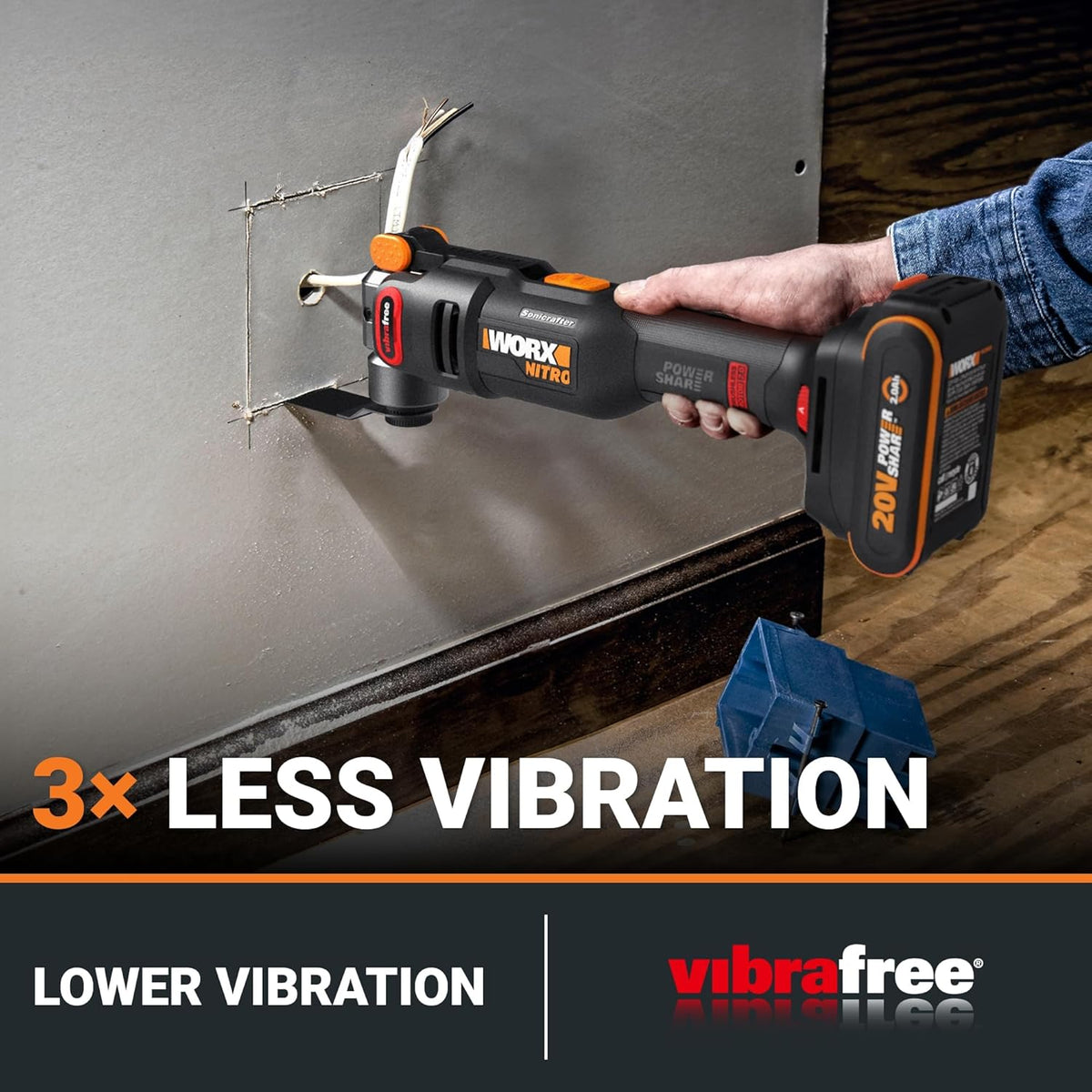 Dispositif multifonction oscillant sans fil Worx Nitro 20 V doté de angle d'oscillation de 5°, technologie VibraFree, design compact, outil seul, 23 accessoires et sac de transport, WX698L.9