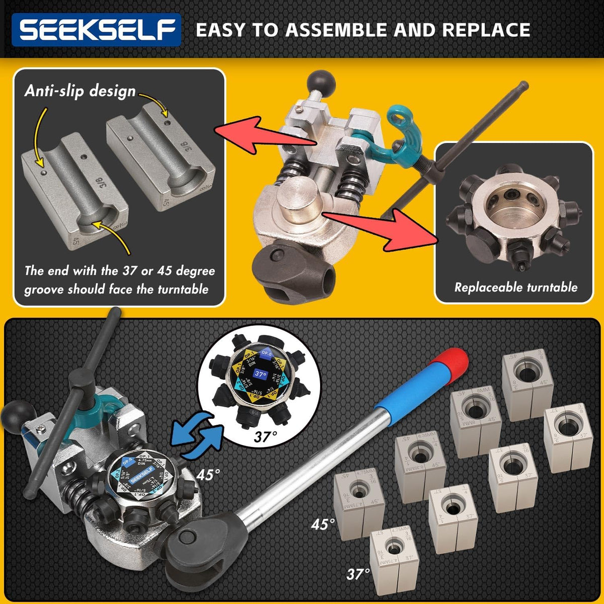 ensemble d'équipements professionnels destiné à le dudgeonnage de conduites de frein, compatible doté de les dudgeons simples, doubles et à bulle à 45° et 37°, destiné à tubes en acier et cuivre de 3/16, 1/4, 5/16, 3/8 et 4,75 mm.