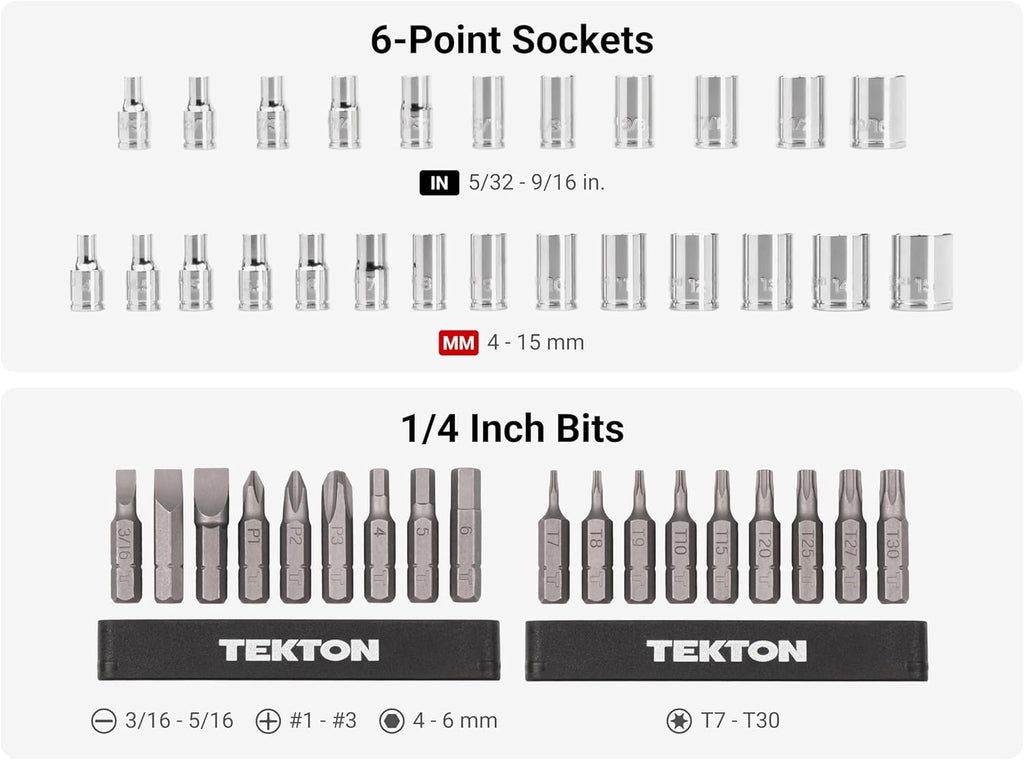Coffret TEKTON de 50 pièces comprenant une douille courte 6 pans 1/4 pouce destiné à petits moteurs, un embout et un cliquet à dégagement rapide | SKT07902
