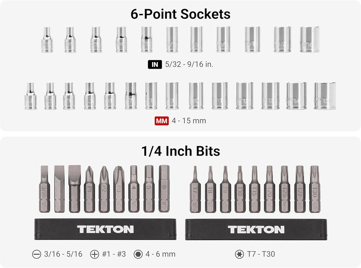 Coffret TEKTON de 50 pièces comprenant une douille courte 6 pans 1/4 pouce destiné à petits moteurs, un embout et un cliquet à dégagement rapide | SKT07902