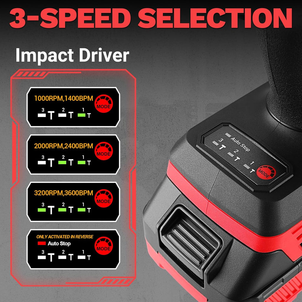 Perceuse et visseuse à chocs sans fil : Ensemble DEKOPRO comprenant une perceuse et une visseuse à chocs sans balais 20 V, 2 batteries 2,0 Ah, un chargeur, un sac et 52 accessoires – Rouge – sélection pratique