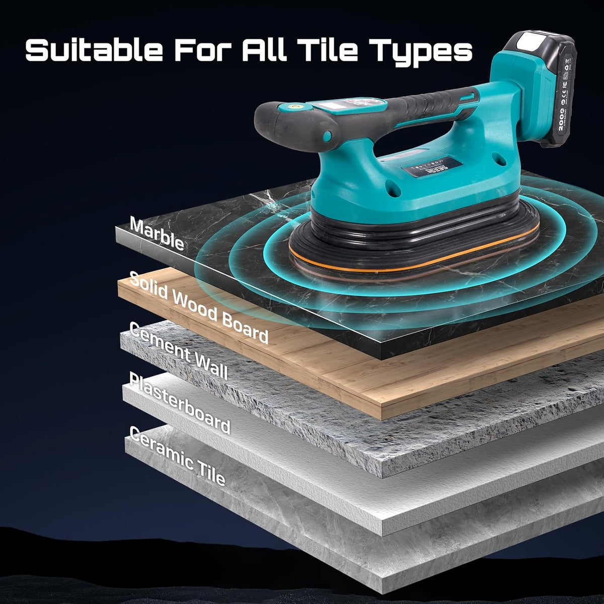 SEESII Dispositif de vibration destiné à carrelage 2 en 1 et ventouse électrique 285 mm – 12 vitesses, 10 heures d'autonomie, convient aux carreaux de 12×12 po à 89×89 po, puissance d'aspiration de 250 kg/550 lb
