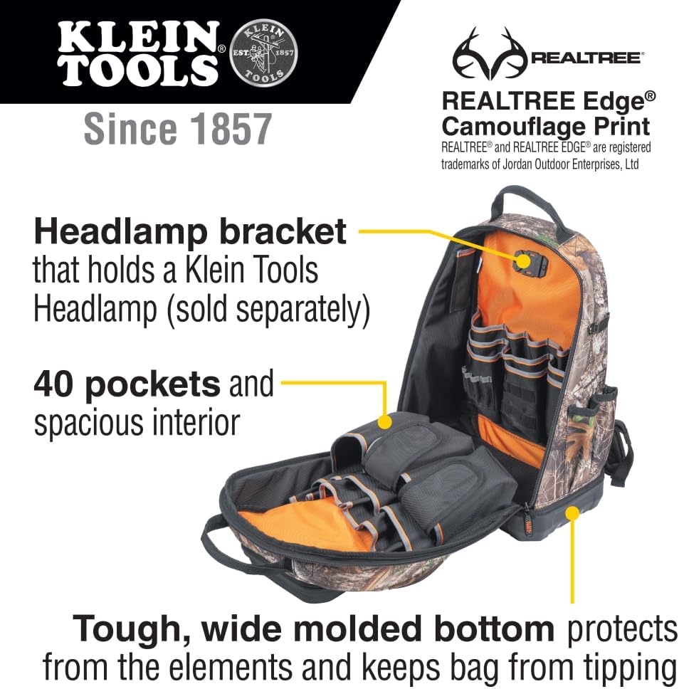 Sac à dos à équipements Klein Tools 62800BPCAMO, sac à dos de chantier Tradesman Pro extra-large à 40 poches, camouflage, doté de fond moulé et port de chargement