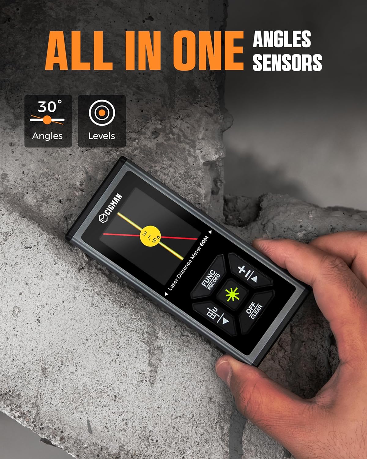 Dispositif de mesure laser CIGMAN 393 pi/120 m, télémètre laser vert bilatéral rechargeable doté de niveau à bulle, mesure laser doté de unités multiples pi/po/m, écran IPS rétroéclairé, calculs pythagoriciens/surface/volume