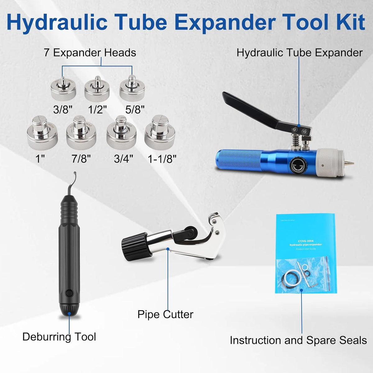 Dispositif de sertissage hydraulique destiné à tubes CVC, comprenant 7 têtes d'évasement destiné à tubes de 3/8 po à 1-1/8 po de diamètre extérieur, et conçu destiné à le évasement de tubes en cuivre, aluminium et acier doux.