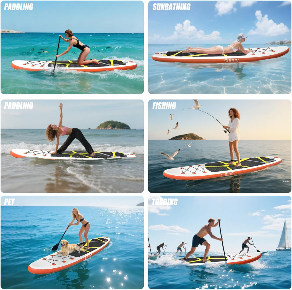 Planche de paddle gonflable 3 m x 76 cm, ultra-légère, doté de sac à dos, pompe, pagaie, leash enroulé, 3 ailerons et kit de réparation. Planche stable doté de pont en EVA antidérapant destiné à adultes et enfants.
