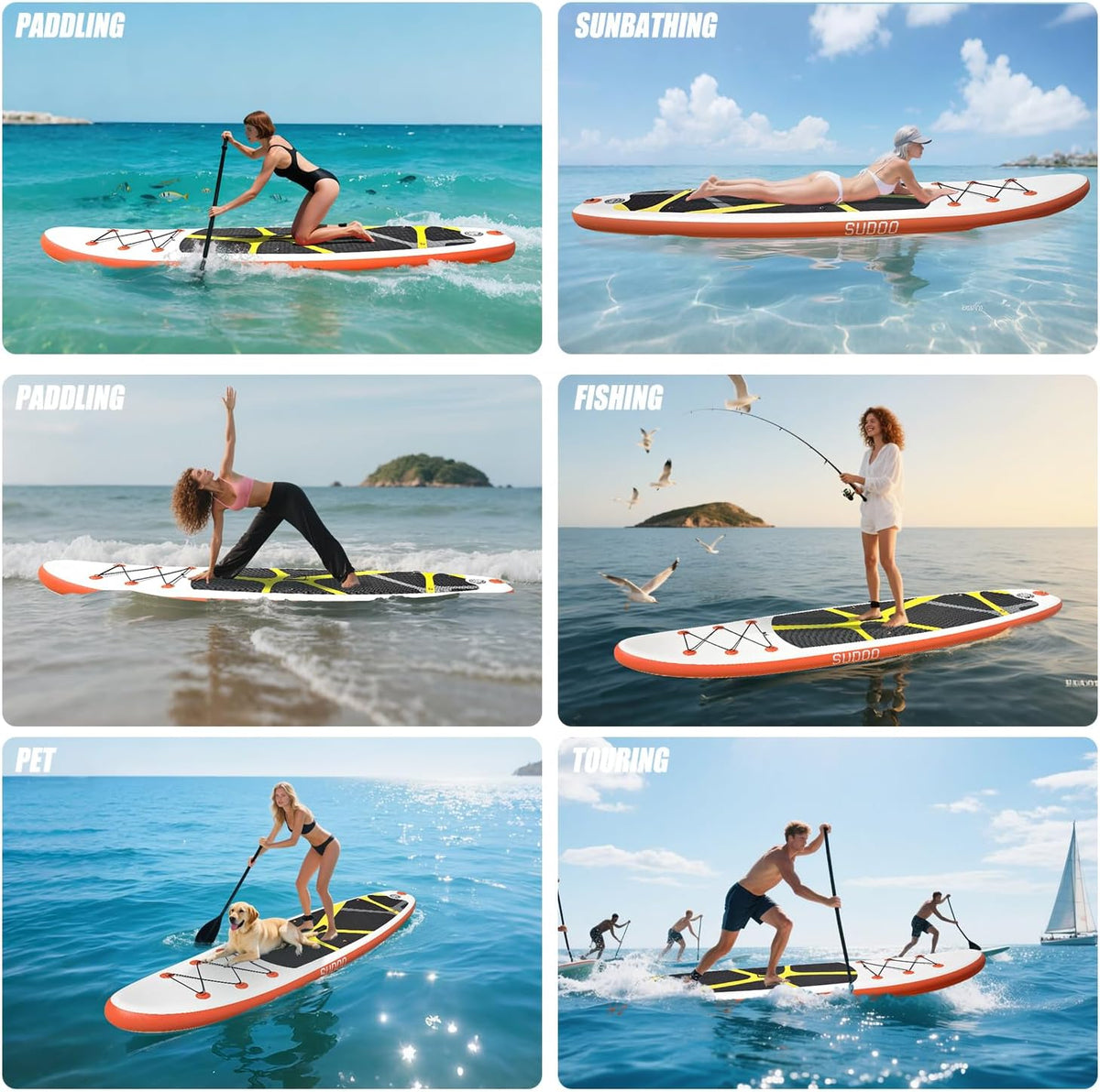 Planche de paddle gonflable 3 m x 76 cm, ultra-légère, doté de sac à dos, pompe, pagaie, leash enroulé, 3 ailerons et kit de réparation. Planche stable doté de pont en EVA antidérapant destiné à adultes et enfants.