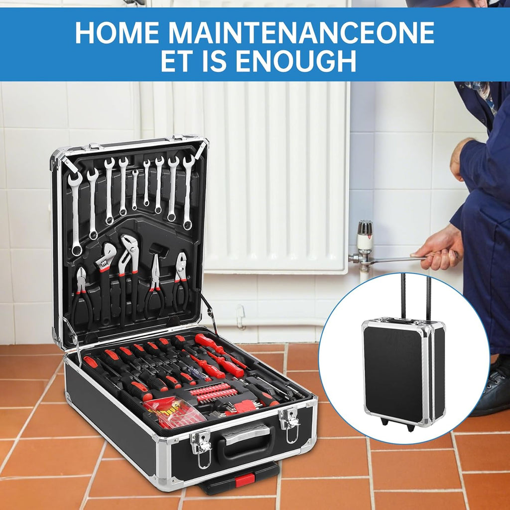 Coffret d'outils pratiques de 800 pièces pour la maison avec servante d'atelier à roulettes, kit de réparation professionnel pour mécanicien, ensemble d'outils à main pour la maison avec valise trolley en aluminium pour bricoleur et particuliers.