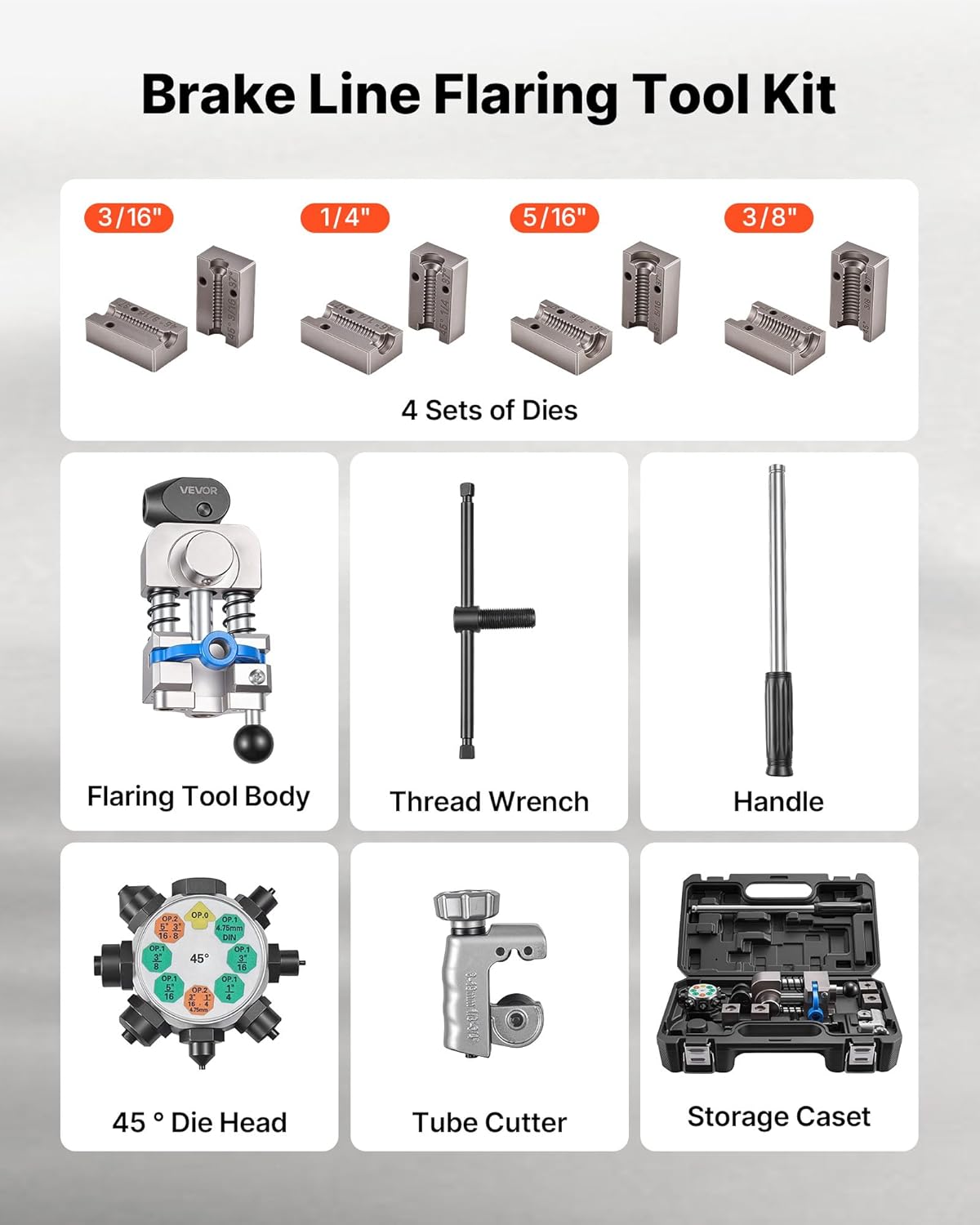 Dispositif d'évasement de conduites de frein pour usage professionnel VEVOR, kit d'évasement à double évasement à 45 degrés destiné à tubes minces en cuivre, aluminium et acier de 3/16, 1/4, 5/16 et 3/8 pouces