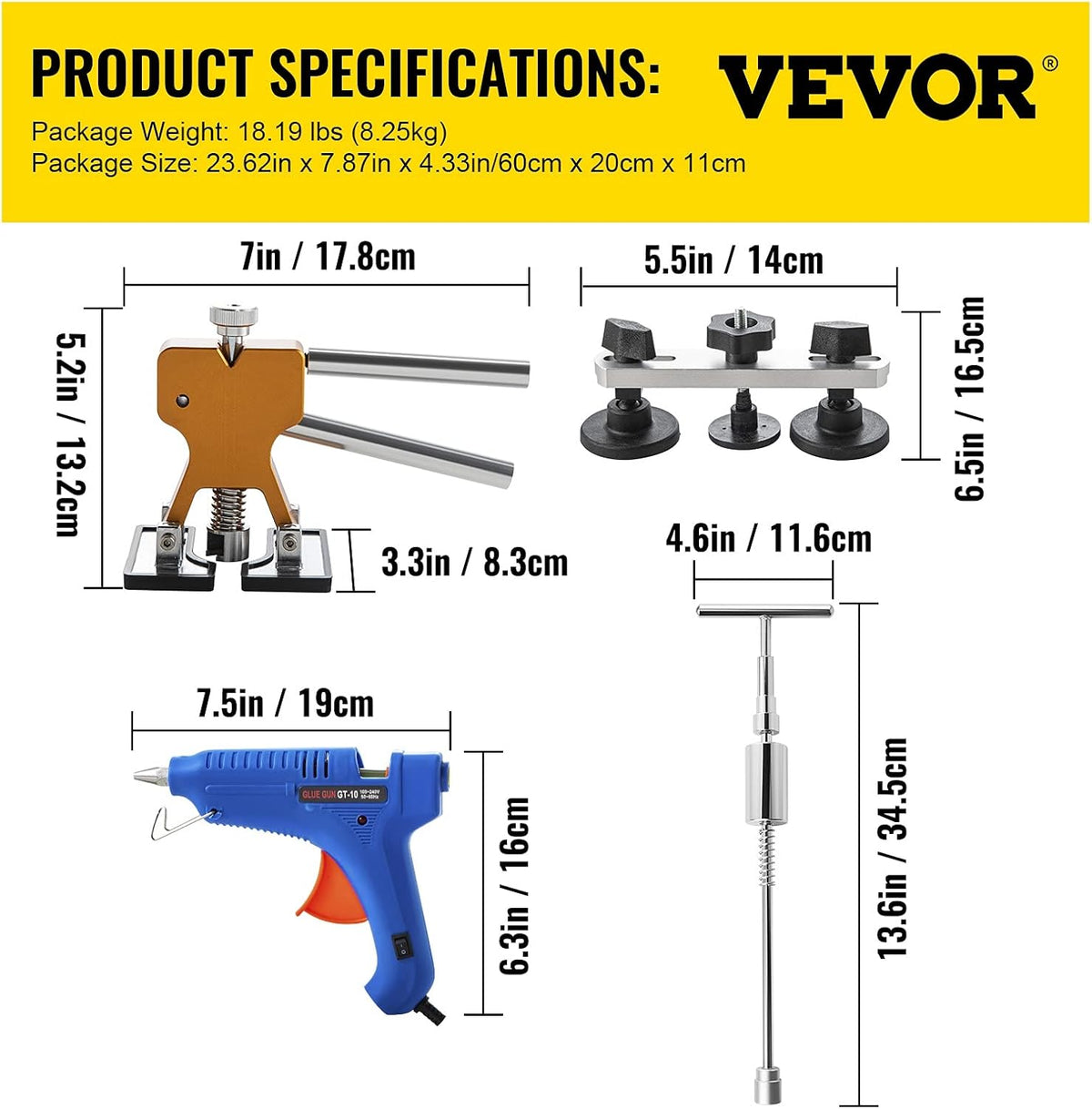 Ensemble de débosselage VEVOR, kit de réparation de bosses sans peinture de 89 pièces doté de équipements de démontage, lève-bosses doré et languettes adhésives destiné à la réparation des bosses et des petits impacts sur les portières de voiture.