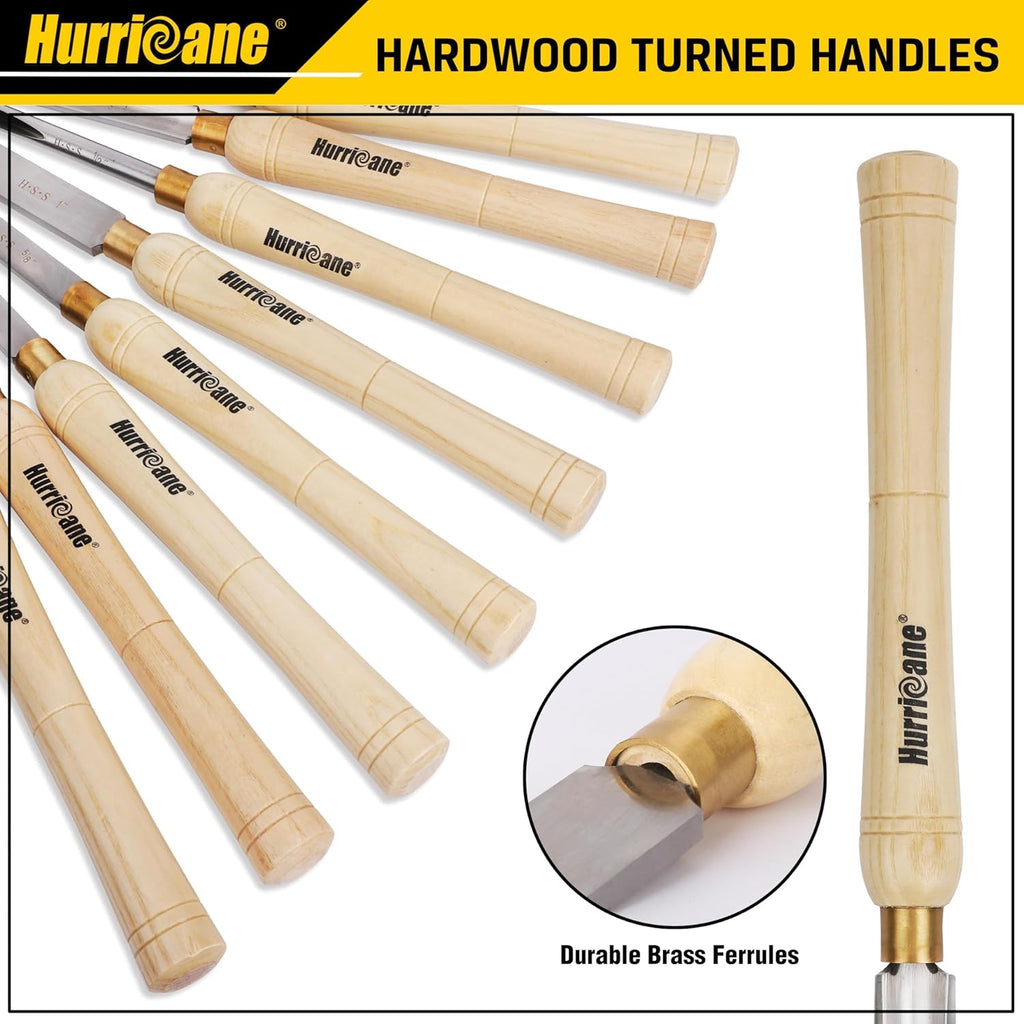 Ensemble de 8 ciseaux à bois HURRICANE destiné à tour à bois, équipements de tournage M2 HSS doté de 10 manches en bois massif, ensemble d'équipements destiné à débutants et bricoleurs, coffret de protection en bois inclus.