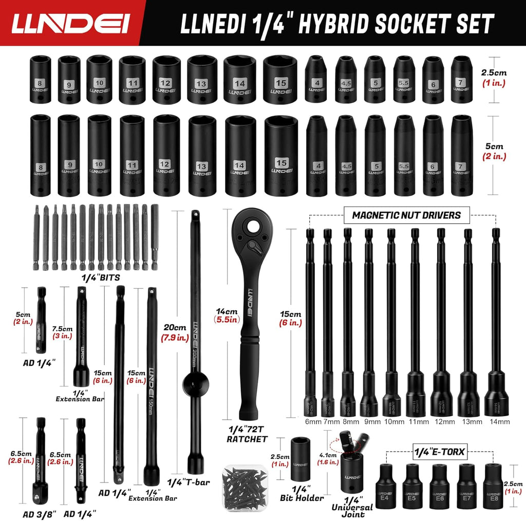 Ensemble de visseuse à percussion sans balais LLNDEI 16 V doté de douilles 1/4", 108 pièces, dont un jeu de 108 douilles magnétiques métriques à 6 pans, incluant une batterie 1,5 Ah, un chargeur et des vis autotaraudeuses. Les embouts de perçage...