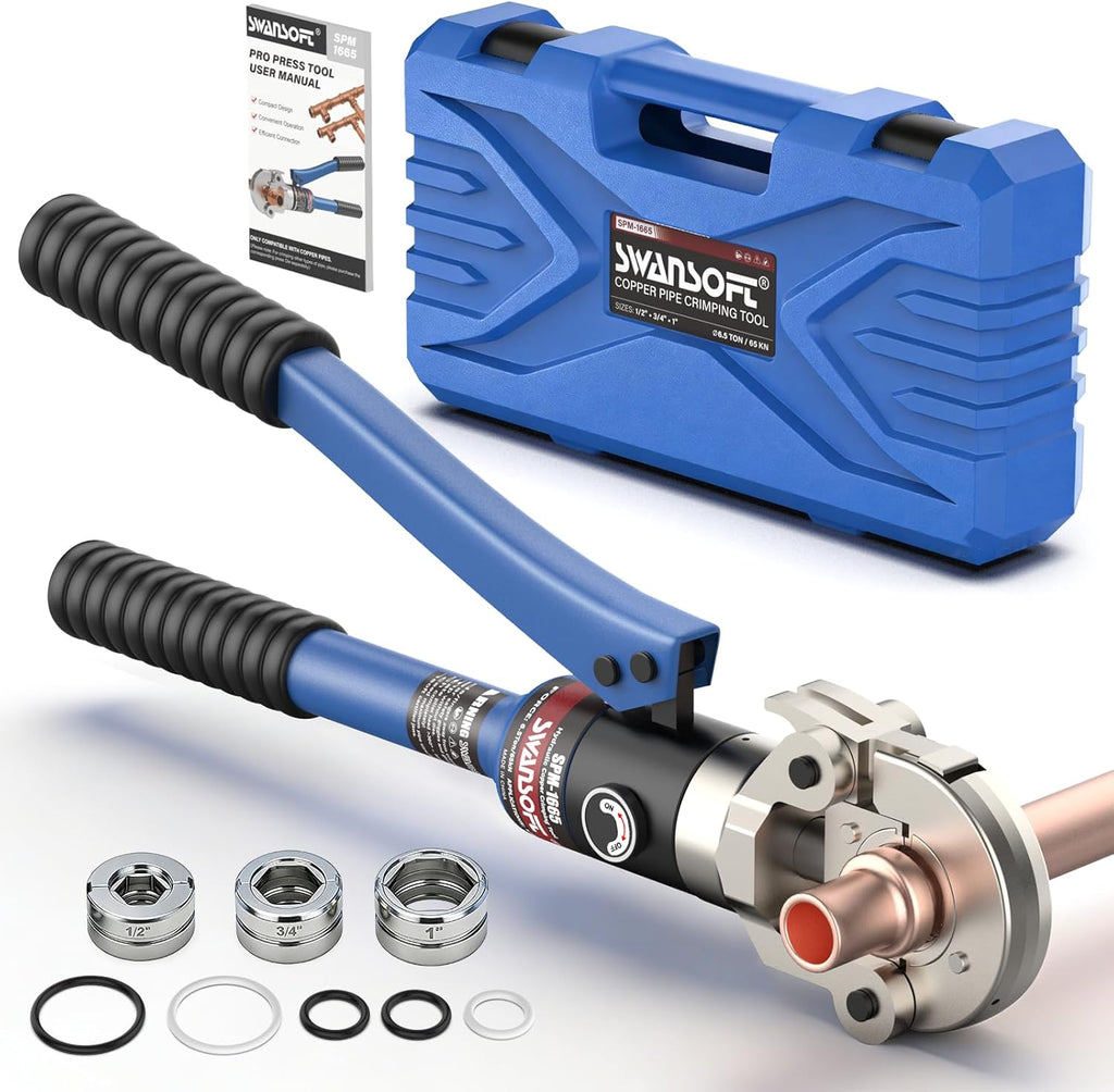 Pince à sertir hydraulique SWANSOFT destiné à tubes en cuivre doté de matrices interchangeables 1/2, 3/4, 1 – Dispositif de sertissage pour usage professionnel compact destiné à tubes en cuivre, espaces restreints et raccords en T