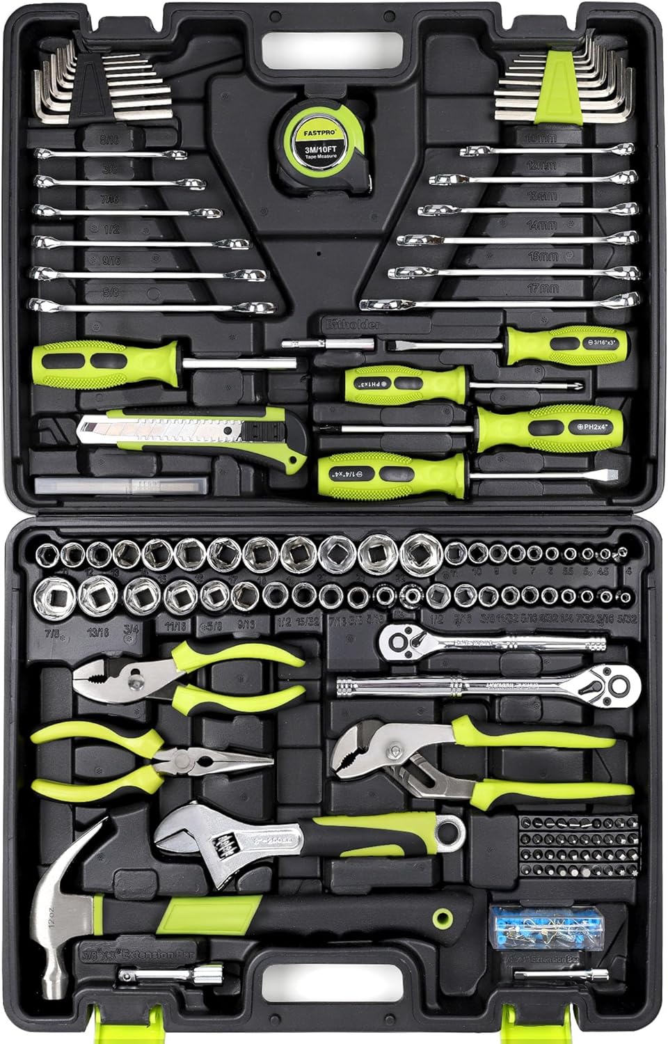 Ensemble d'équipements FASTPRO 225 pièces destiné à la maison et l'automobile, comprenant une boîte à équipements et des équipements à main destiné à mécaniciens (mesures SAE et métriques). Idéal destiné à le bricolage, l'entretien de la maison...