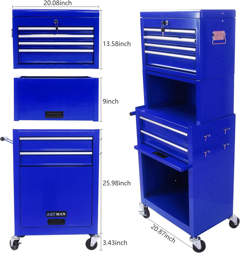 Coffre à outils roulant RYH à 6 tiroirs | Servante métallique robuste avec tiroirs à roulement à billes | Compatible avec les boîtes à outils US General pour le rangement dans le garage (Bleu, 6 tiroirs, 7,6 cm x 132 cm H × 53 cm L)