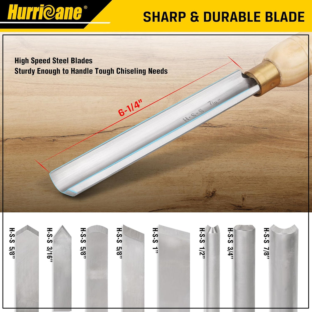 Ensemble de 8 ciseaux à bois HURRICANE destiné à tour à bois, équipements de tournage M2 HSS doté de 10 manches en bois massif, ensemble d'équipements destiné à débutants et bricoleurs, coffret de protection en bois inclus.