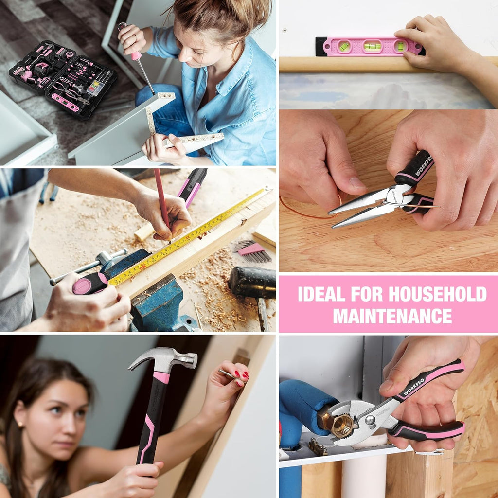Perceuse-visseuse sans fil WORKPRO 20V rose et coffret d'outils pratiques pour la maison, kit de 141 pièces pour le bricolage et l'entretien de la maison, batterie Li-ion 2,0 Ah, chargeur rapide 1 heure et coffret à outils inclus - Ruban rose