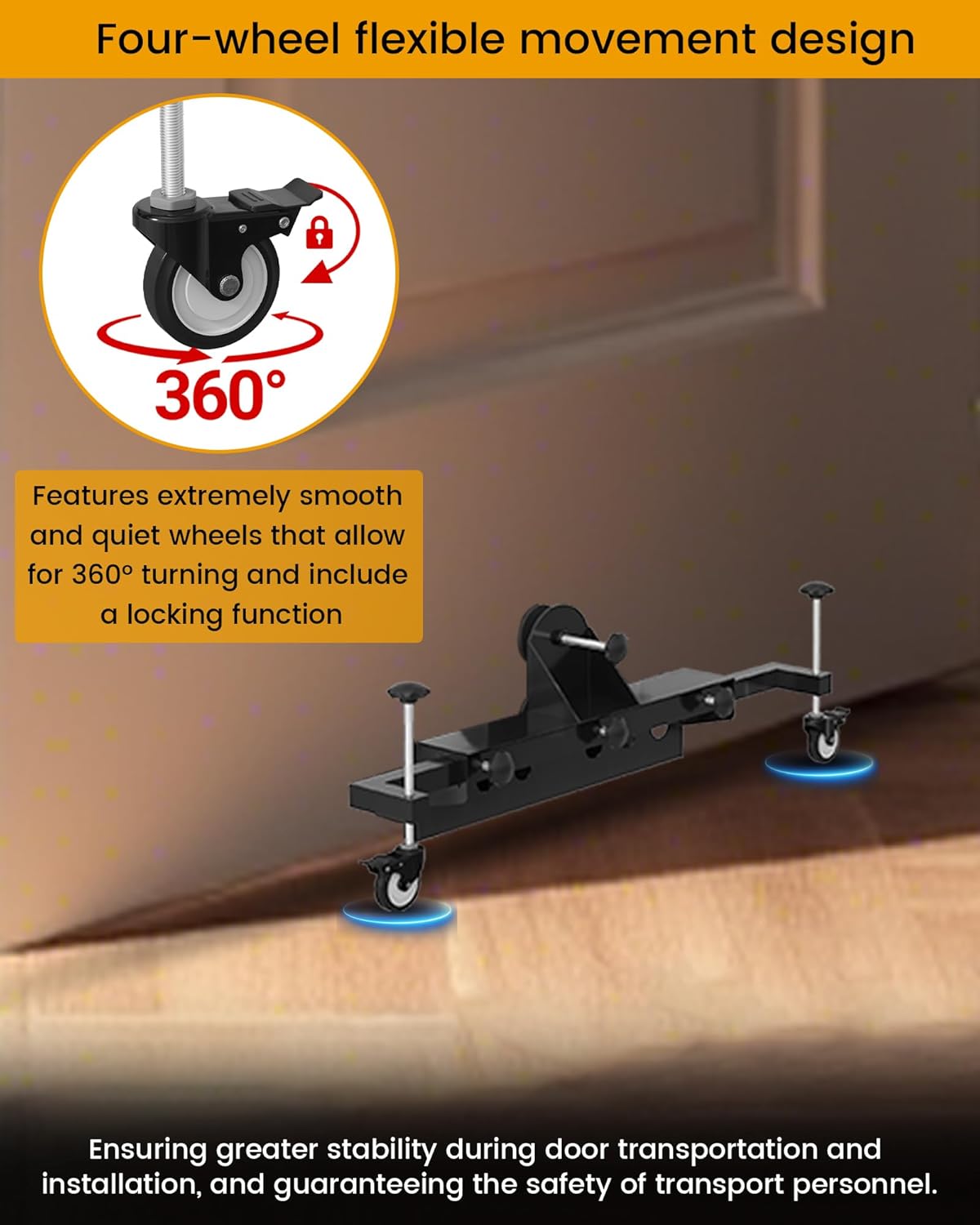 Dispositif monobloc destiné à la pose de portes, idéal destiné à une seule personne. Chariot de pose destiné à portes pré-montées d'une épaisseur maximale de 6,35 cm (2,5 pouces). Capacité de charge : 90 kg (200 lb).
