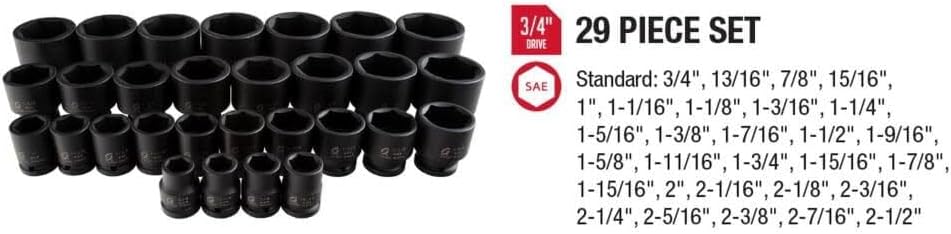 SUNEX TOOLS 4696 Ensemble de douilles à impact SAE Master Master, entraînement 3/4", standard, 6 pans, acier Cr-Mo, 3/4" - 2-7/17", 29 pièces