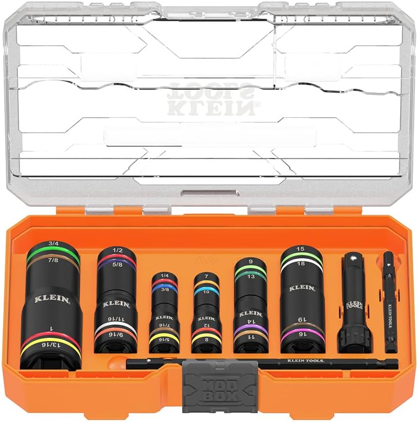 Ensemble de douilles Klein Tools 656QS KNECT Quad, 24 tailles réparties dans 6 douilles, 4 en 1, code couleur SAE et métrique, résistant aux chocs, à gorge profonde, robuste, entraînement 1/4" et 3/8", arbre de 3-1/2" et 6-1/2".