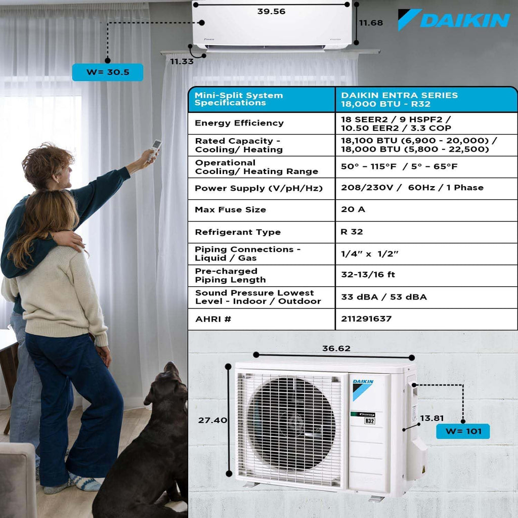 Système de pompe à chaleur mini-split sans conduit Daikin 18 000 BTU 18 SEER2 Entra R32 Series doté de kit d'installation tout inclus Maxwell de 15 pi et support de montage mural (230 V)