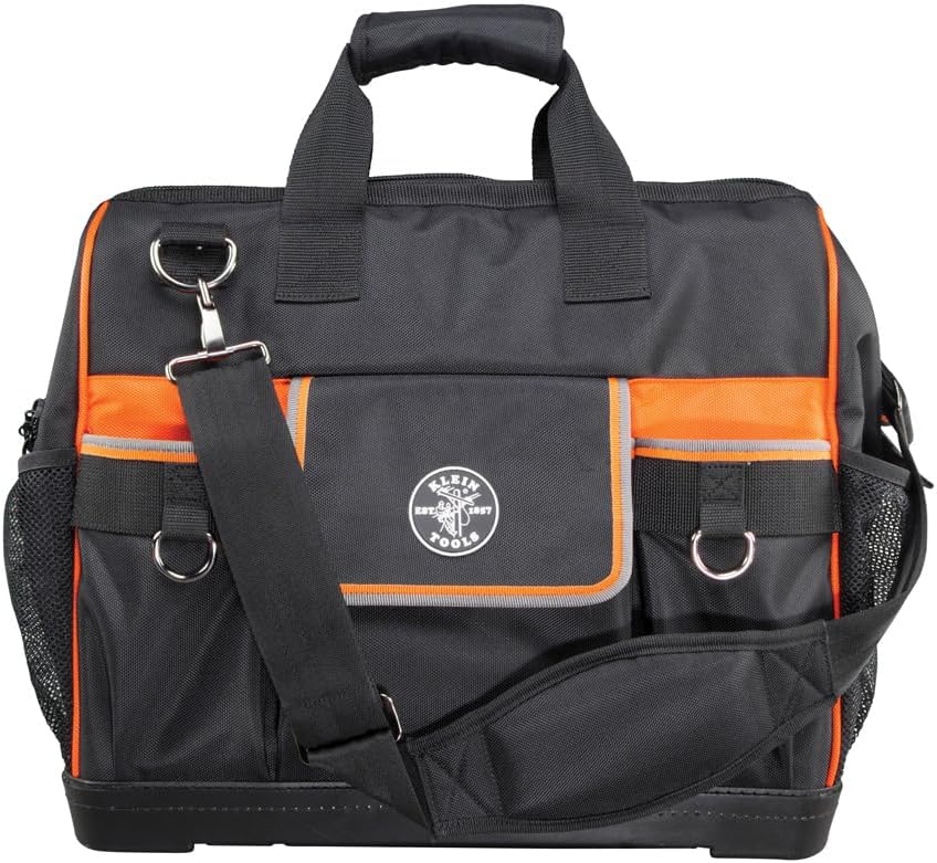 Sac à équipements Klein Tools 55469 Tradesman Pro à grande ouverture, en tissu balistique 1680, doté de fond moulé et bandoulière amovible.